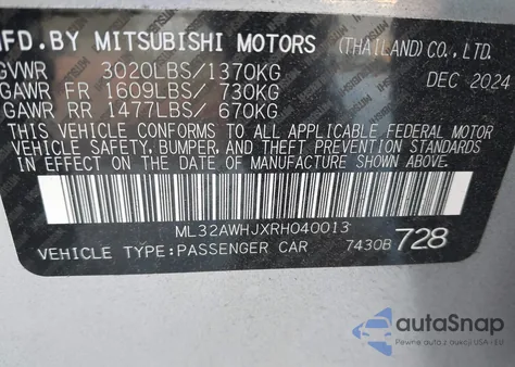 2024 Mitsubishi Mirage Black Edition из США, поврежденный, VIN ML32AWHJXRH040013